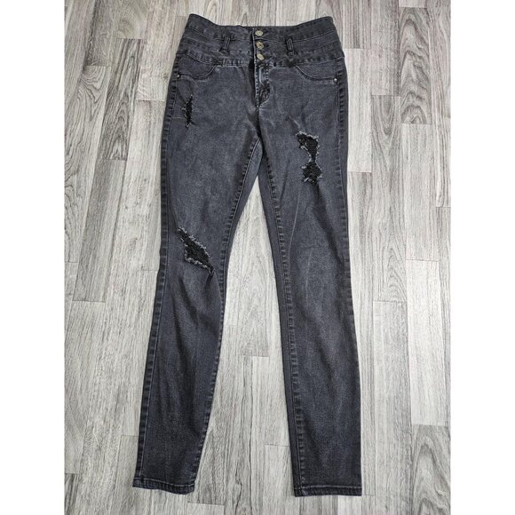 (3/$35) Refuge Jeans Womens 6 Black High Rise Distressed Stretch Charcoal Wash - Picture 1 of 11